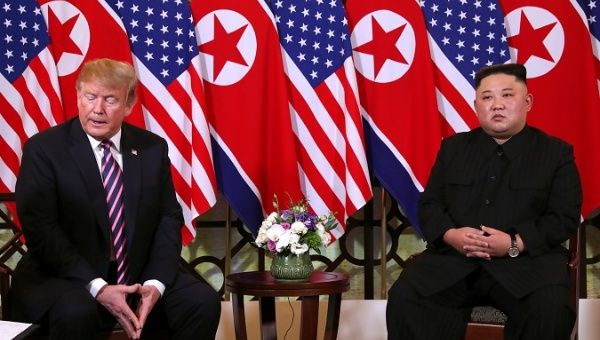 North Korean leader Kim Jong Un looks at U.S. President Donald Trump before their meeting during the second U.S.-North Korea summit at the Metropole Hotel in Hanoi, Vietnam Feb. 27, 2019. 