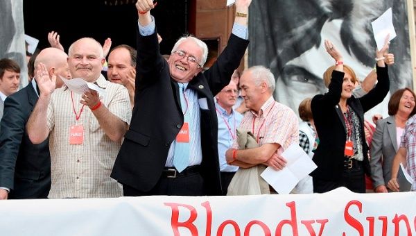  John Kelly (C) whose brother Michael Kelly was shot dead on Bloody Sunday, celebrates with other family members following the final outcome of the Bloody Sunday Inquiry, in Londonderry, Northern Ireland on 15 June 2010.