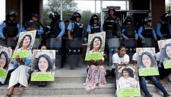 Activists demand justice for murder of Lenca Honduran Berta Caceres. 2016