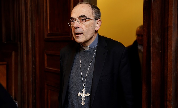 Cardinal Philippe Barbarin at a press conference in Lyon, France, Mar. 7, 2019.
