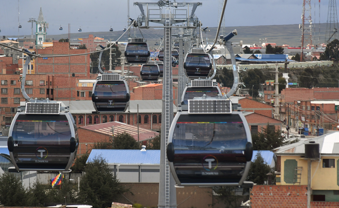 Cable car system in La Paz, Bolivia. The latest line in the network of cars was inaugurated by President Evo Morales March 9, 2019