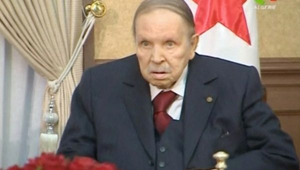 Algeria's President Abdelaziz Bouteflika looks on during a meeting with army Chief of Staff Lieutenant General Gaid Salah in Algiers, Algeria, in this handout still image taken from a TV footage released on March 11, 2019.