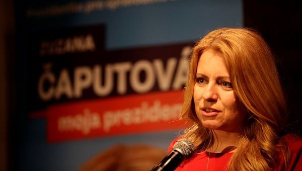 Slovakia's presidential candidate Zuzana Caputova speaks after the first unofficial results at a party election headquarters in Bratislava, Slovakia, March 16, 2019.