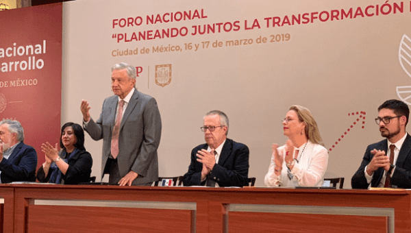 Mexican President Andres Manuel Lopez Obrador (AMLO) with his cabinet as they introduce the administration's National Development Plan 2019-2024. March 17, 2019