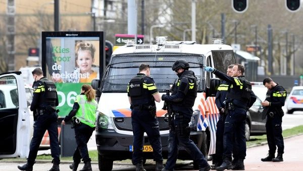 Police secure the site of a shooting in Utrecht, Netherlands, March 18, 2019. 