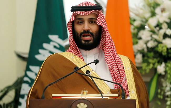 Saudi Arabia's Crown Prince Mohammed bin Salman speaks during a meeting with Indian Prime Minister Narendra Modi at Hyderabad House in New Delhi, India, Feb. 20, 2019.
