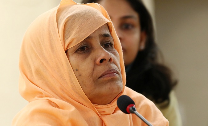 Hamida Khatun of Shanti Mohila (Peace Women) attends a debate on Myanmar the Human Rights Council at the United Nations in Geneva, Switzerland, March 11, 2019.