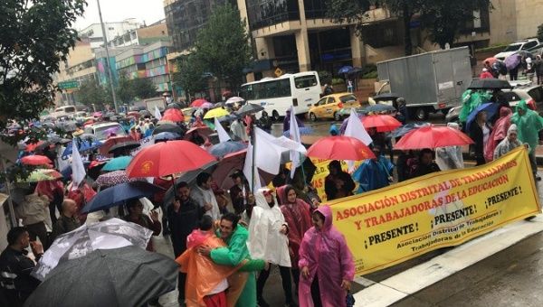 Colombian teachers march in the streets of Bogota against the educational reforms by the right-wing government of President Duque. 