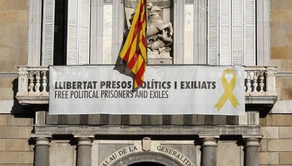 The Yellow Ribbon, a Catalan Pro-Independence symbol, appears at the Palau de la Generalitat in Barcelona, Catalonia, March 19, 2019.
