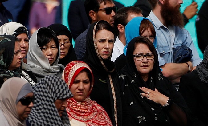 New Zealand's Prime Minister Jacinda Ardern attends the Friday prayers at Hagley Park outside Al-Noor mosque in Christchurch.