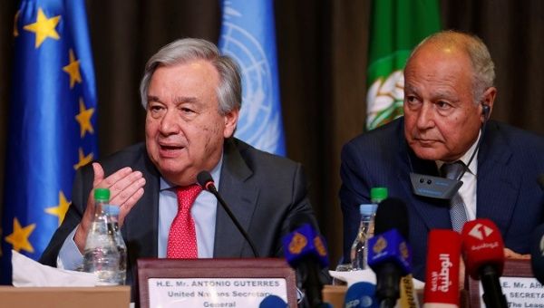 Secretary General of the United Nations Antonio Guterres and Arab League Secretary-General Ahmed Abul Gheit attend a news conference in Tunis, Tunisia, March 30,2019.