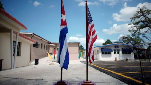 U.S. and Cuban flags are displayed at the Ernest Hemingway Museum during an event in Havana, Cuba, March 30, 2019. 
