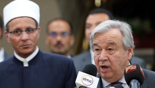 Secretary General of the United Nations Antonio Guterres speaks during a news conference at Al-Azhar headquarters in Cairo, Egypt, April 2, 2019.
