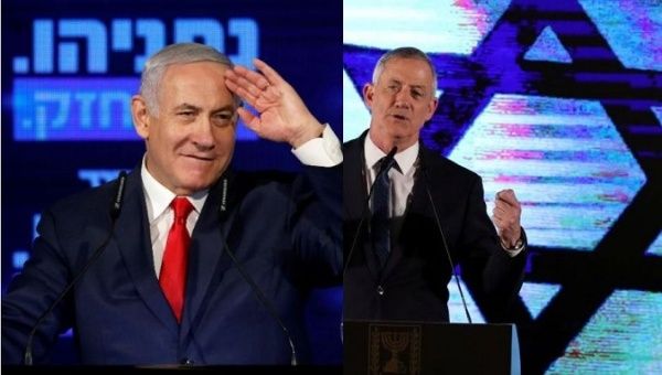 Israeli elections main two contenders incumbent Prime Minister Benjamin Netanyahu (L) and Benny Gantz (R) during election rallies.