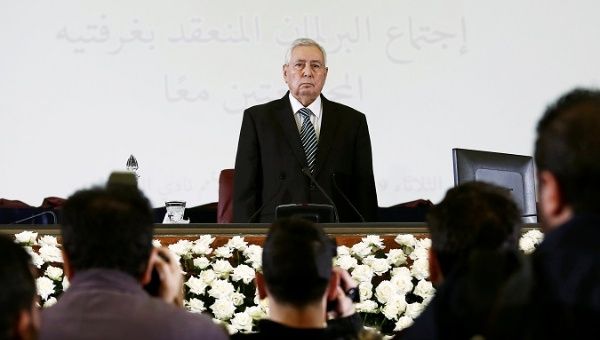 Algerian upper house chairman Abdelkader Bensalah is pictured after being appointed as interim president by Algeria's parliament.
