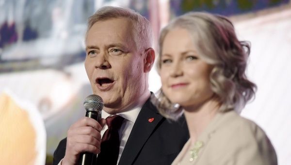 Chairman of the Finnish Social Democratic Party Antti Rinne and his wife Heta Ravolainen-Rinne attend the election party in Helsinki, Finland April 14, 2019.