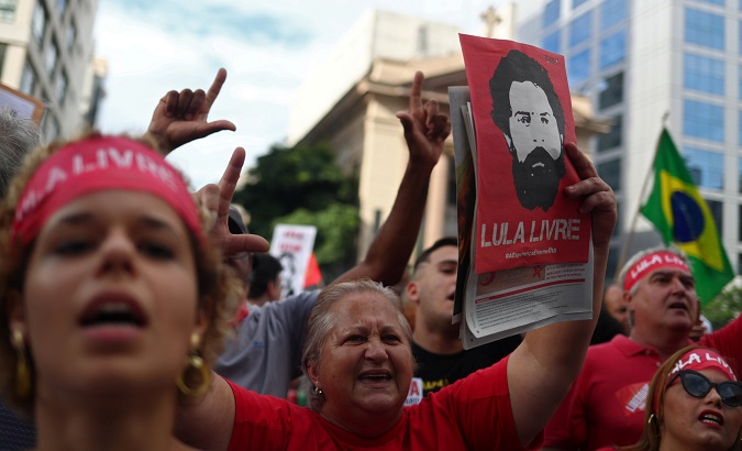 Brazilians demonstrate to demand former President Lula da Silva's freedom in Sao Paulo, Brazil, April 7, 2019.