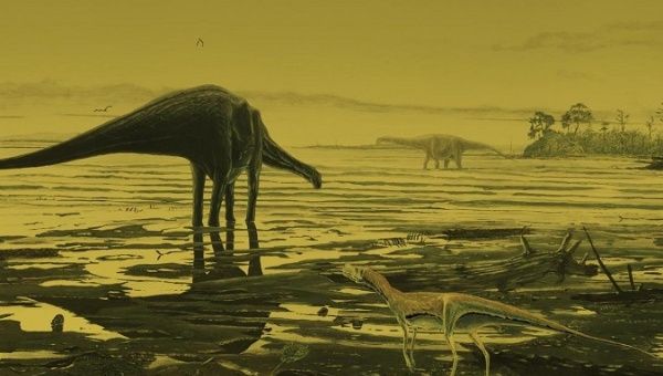 An artist's impression of Sauropod dinosaurs on the Isle of Skye in this undated handout photo provided by the University of Edinburgh in Edinburgh
