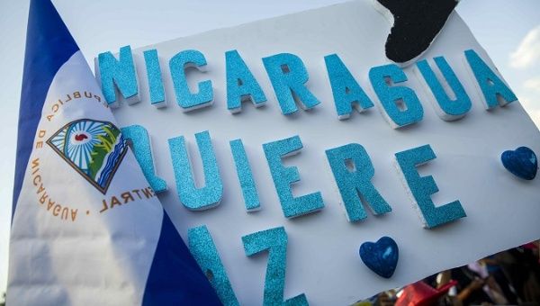 A banner saying 'Nicaragua wants peace' in support of the dialogue in Managua, Nicaragua, May 2, 2018.