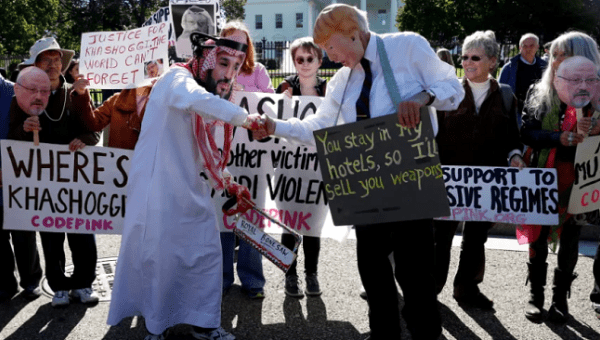  Activists at a demonstration calling for sanctions against Saudi Arabia for the the murder of journalist Jamal Khashoggi, outside the White House in Washington, D.C. October 19, 2018