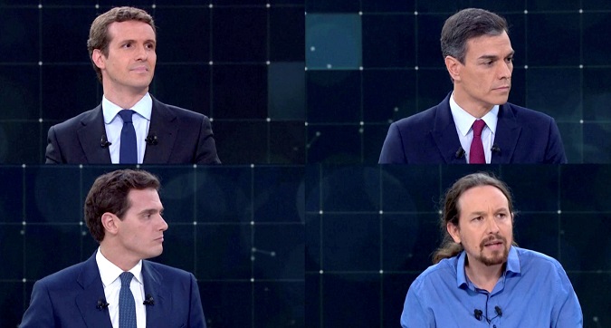 Candidates for Spanish general elections People's Party (PP) Pablo Casado, Spanish Prime Minister and Socialist Workers' Party (PSOE) Pedro Sanchez, Ciudadanos' Albert Rivera and Unidas Podemos' Pablo Iglesias attend a televised debate ahead of general elections in Pozuelo de Alarcon, outside Madrid, Spain, April 22, 2019