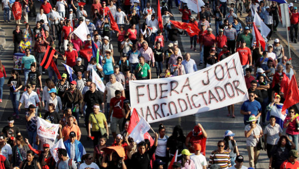 Supporters of former candidate Salvador Nasralla march to protest the re-election of Honduras' President Juan Orlando Hernandez in Tegucigalpa, Honduras January 12, 2018. banner reads: 