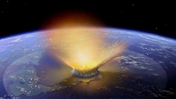 An illustration shows an asteroid impacting Earth in circumstances similar to the asteroid strike that killed the dinosaurs and plunged the world into darkness.