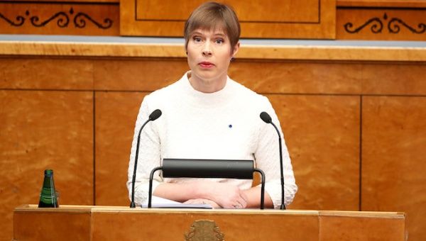 Estonian President Kersti Kaljulaid addresses the newly elected Estonian Parliament in Tallinn, Estonia April 4, 2019. 