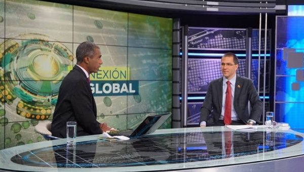 Foreign Minister Jorge Arreaza in TeleSUR TV studio in Caracas, Venezuela, May 17, 2019.