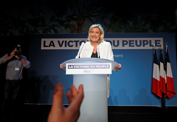 French far-right National Rally (Rassemblement National) party leader Marine Le Pen reacts after the first results in Paris, France, May 26, 2019.