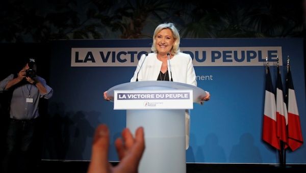 French far-right National Rally (Rassemblement National) party leader Marine Le Pen reacts after the first results in Paris, France, May 26, 2019.
