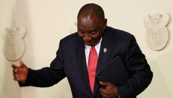 South Africa's President Cyril Ramaphosa reacts during the announcement of the new cabinet in Pretoria, South Africa May 29, 2019. 