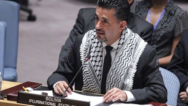 Sacha Llorenti addresses the Security Council in 2014 wearing the Palestinian keffiyeh, a symbol of resistance. 