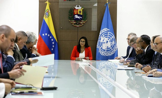 Venezuelan Vice President Delcy Rodriguez at a meeting with the United Nations to develop more cooperation with the multilateral organization.