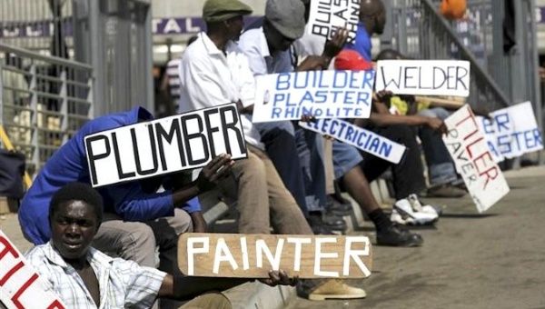 Men hold placards offering temporal employment services in Glenvista, south of Johannesburg.