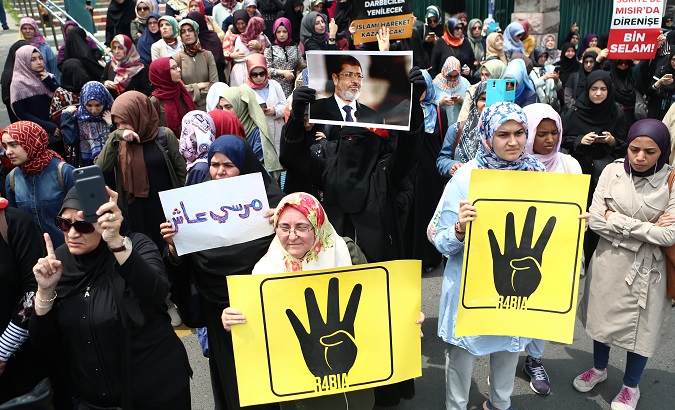 Women gather for a symbolic funeral prayer for the former Egyptian president Mohamed Mursi near the Egyptian Embassy in Ankara, Turkey, June 18, 2019.