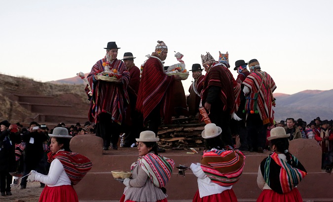 President Evo Morales participates during an Inti Raymi solstice ceremony in Tiwanaku, La Paz, Bolivia, June 21, 2019.