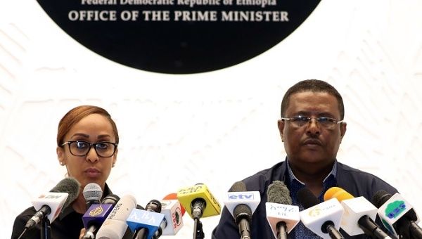 Nigusu Tilahun, Press Secretary at the office of the Ethiopian Prime Minister, and his deputy Billene Seyoum address a news conference on the attempted coup in Addis Ababa, Ethiopia June 23, 2019.