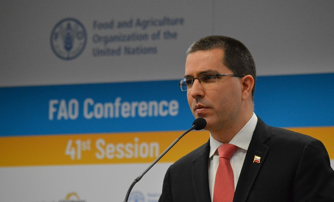 Venezuelan Foreign Minister Jorge Arreaza speaks at FAO conference.