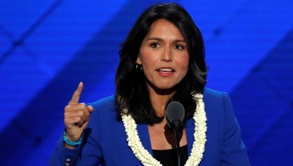 U.S. Representative Tulsi Gabbard (D-HI) delivers a nomination speech for Senator Bernie Sanders on the second day at the Democratic National Convention.
