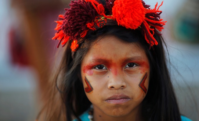 An indigenous child from the Guarani Kaiowa tribe in Brasilia, Brazil, June 26, 2019.