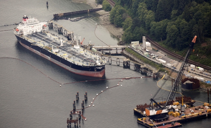 The Westridge Marine Terminal, the terminus of the Trans Mountain Pipeline, is seen in an aerial photo over Burrard Inlet in Burnaby, British Columbia, Canada June 29, 2019.