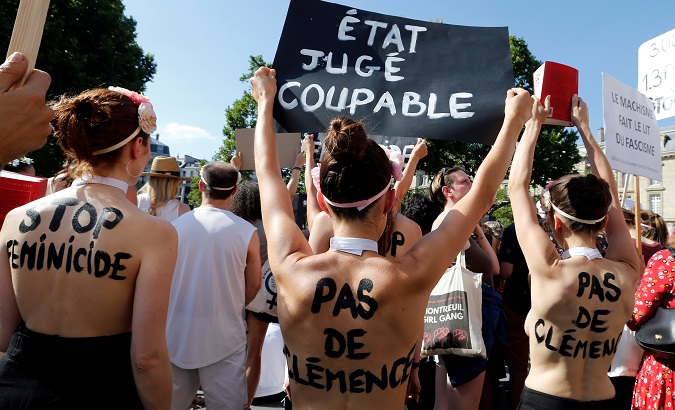 Families of victims and activists attend a rally against femicides, Paris, France, July 6, 2019.