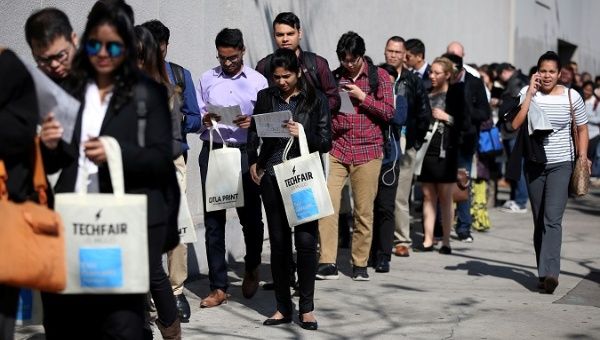 People waiting to attend a technology job fair in Los Angeles, California, U.S., January 26, 2017. 