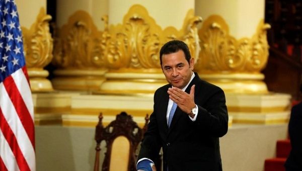 Guatemala's President Jimmy Morales gestures after a meeting with acting Secretary of U.S. Homeland Security, Kevin McAleenan, unseen in Guatemala City, Guatemala May 27, 2019.