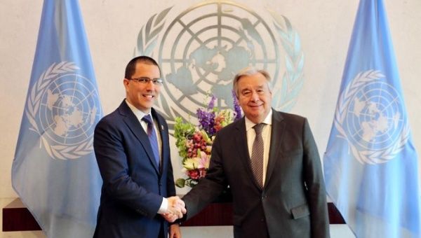 Venezuela's Jorge Arreaza meets with UN Antonio Guterres at UN headquarters in New York City, Wednesday, July 17, 2019. 