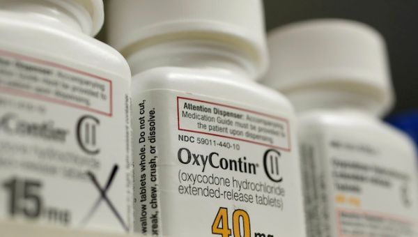 Bottles of prescription painkiller OxyContin made by Purdue Pharma LP sit on a shelf at a local pharmacy in Provo, Utah, U.S. April 25, 2017.