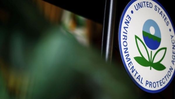The U.S. Environmental Protection Agency (EPA) sign on the podium at EPA headquarters in Washington, U.S., July 11, 2018