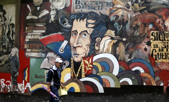 Mural with the image of Simon Bolivar in a street in Caracas, Venezuela, July 27, 2010.