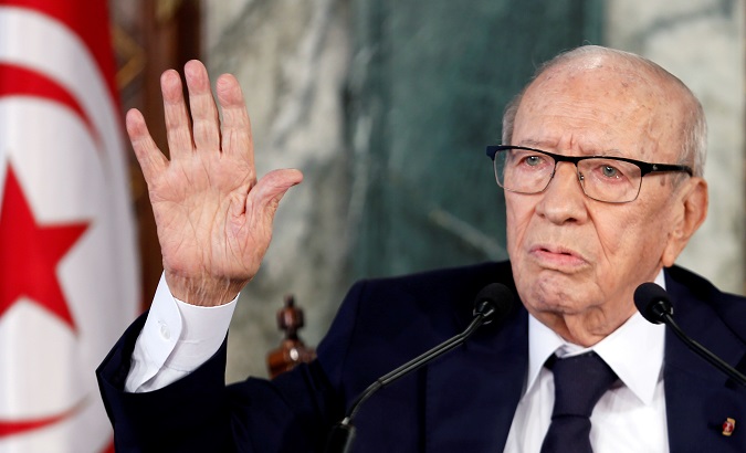 Tunisian President Beji Caid Essebsi speaks during a news conference at the Carthage Palace in Tunis.